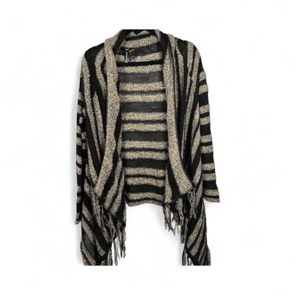 Full Tilt Open Knit Black & Beige Striped Geometric Shrug Cardigan Sweater